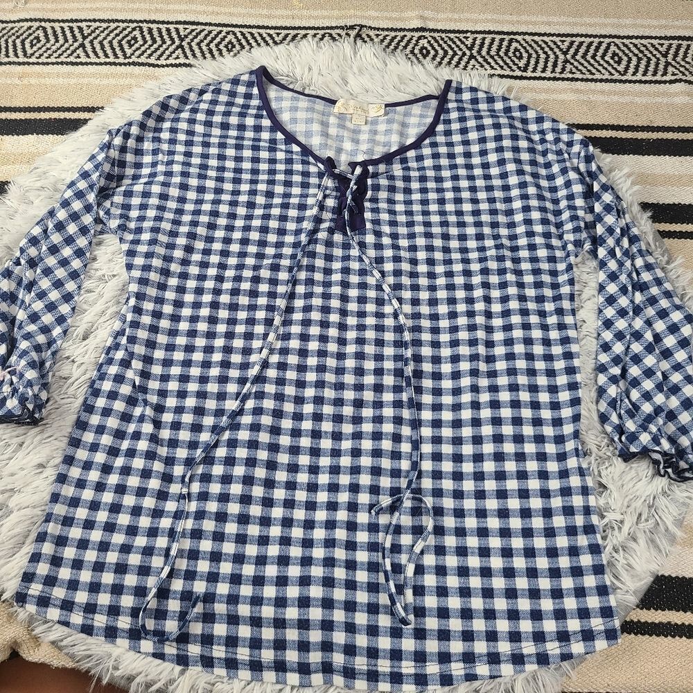 Blue Gingham Check Plaid Flannel Top Weekend Susan Betro Women's Small